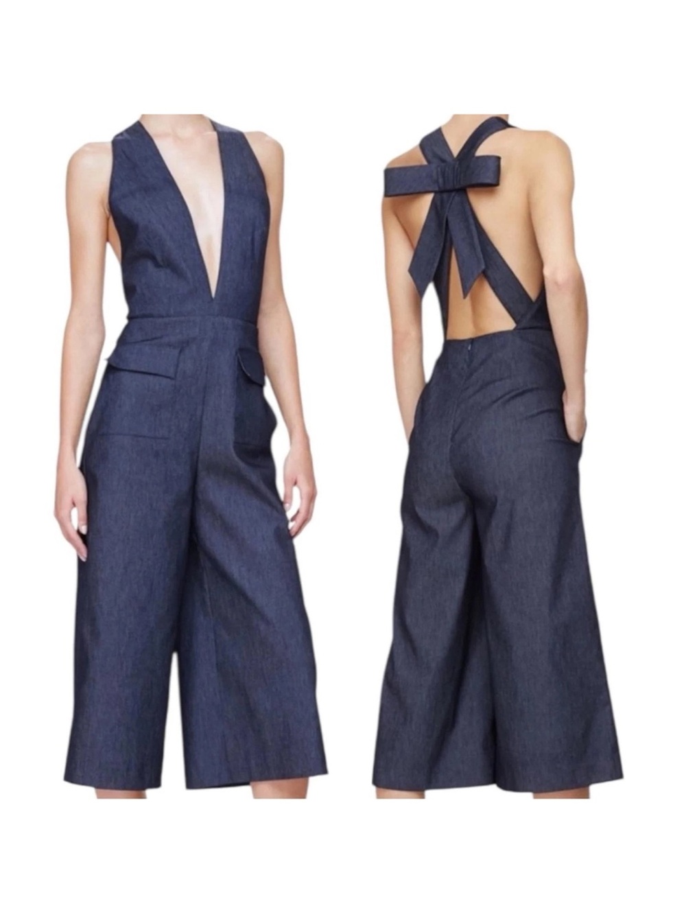 Sleeveless Deep Indigo Halter Culotte Jumpsuit with Back Bow